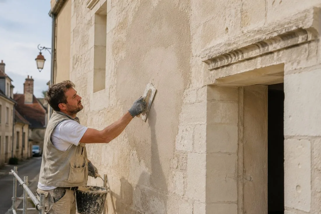 Enduit à la chaux appliqué sur une façade en tuffeau dans le Loiret