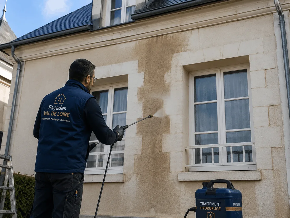 Façadier nettoyant et traitant une façade pour espacer les ravalements