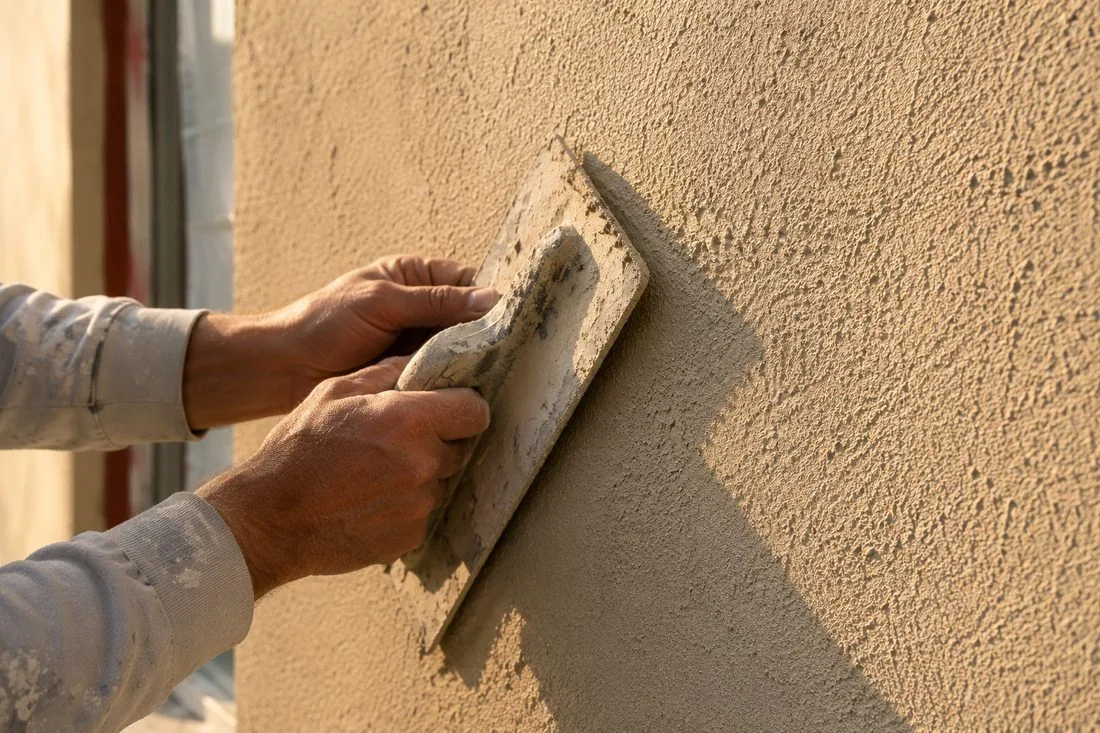 Façadier appliquant un crépi taloché sur une façade de maison